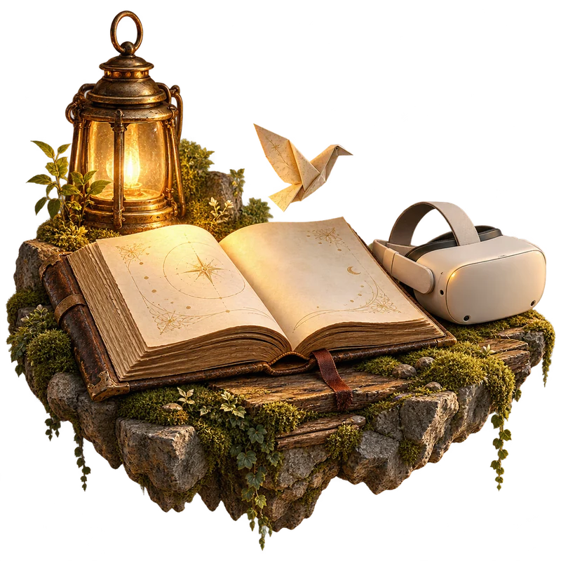 Открытая книга и шлем виртуальной реальности